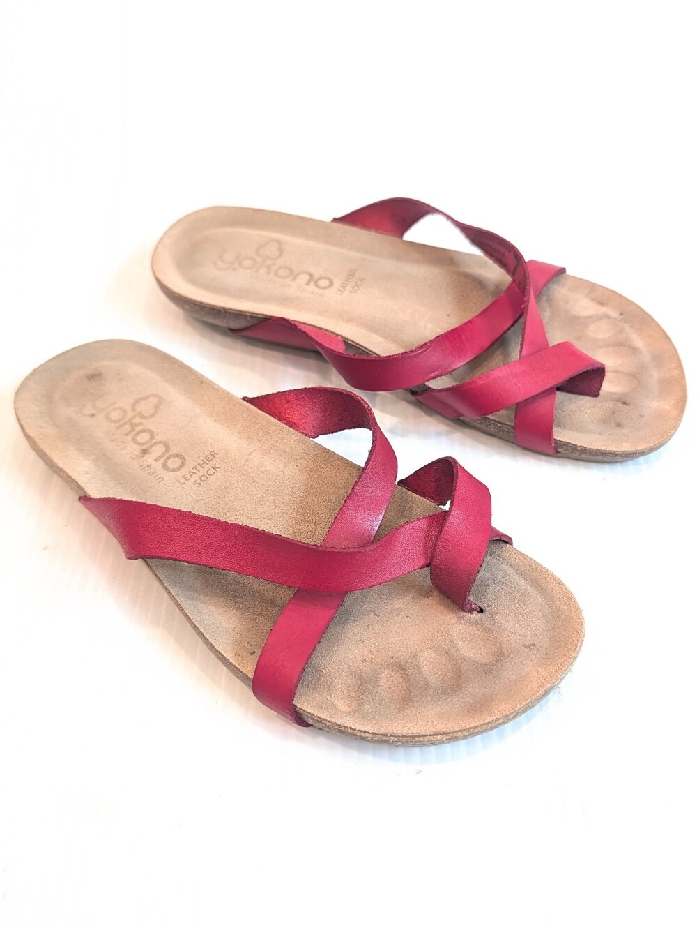 YOKONO Women's Red Leather Strappy Slide Sandals Size 7.5